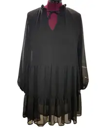 🍂 Sheer Black Babydoll Mini Dress Ruffle Neck Tiered Chiffon Witchy Whimsygoth M