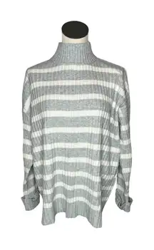 Loft gray & white striped ribbed knit mock t-neck pullover sweater Size L NWT