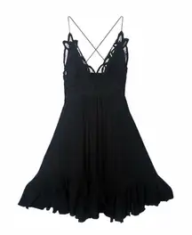 Free People ONE Adella Slip Mini Dress Black Crochet Lace Ruffle Hem Size Small