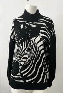 St John Marie Black Zebra Sweater SP Vintage White Zip Neck Long Sleeve Zoo