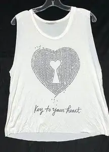 Double Zero Tank Top Sleeveless Tee TShirt Key To Your Heart White Womens Medium