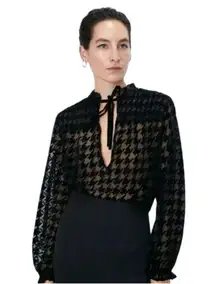 ZARA Women's Black Houndstooth Sheer Flocking Button Down Blouse Top Sz S