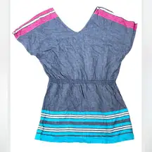 ROXY Striped V-Neck Tunic Mini Dress Medium Swimsuit Cover Up