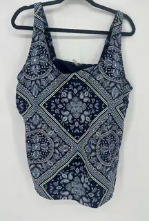 Lands' End Size 22W Paisley Floral Blue Underwire Padded Tankini Swim Top Modest