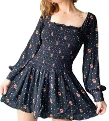 Free People  Two Faces Printed Mini Dress Size M Black Floral Smocked