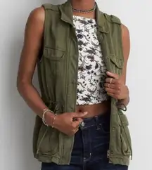 American Eagle Army Green Zip Up Utility Vest with Waist Drawstring size Small