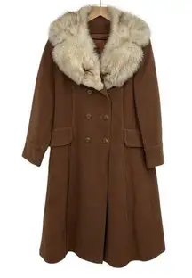 Vintage Wool Princess Coat Rabbit Fur Collar Union Made USA Brown Medium Large