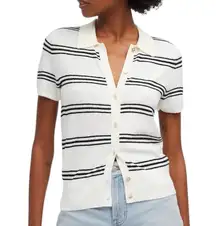 New  Stripe Knit Button Up Short Sleeve Polo Sweater NQ341 Ivory Size XS