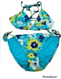 Old Navy  y2k 00s string triangle bikini teal blue green bold floral size large