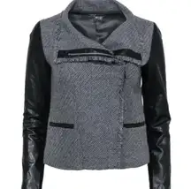 Vince Boucle Lamb Leather Sleeve Moto Jacket Gray Black Womens XS Asymmetric Zip