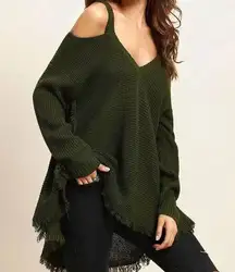 Umgee Sweater Cold Shoulders Open Knit Pullover Sweater Womens Size M Green Boho