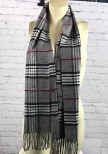 Cashmink by V. Fraas scarf gray red black white plaid EUC