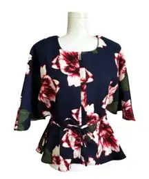 Marina Kaneva Blouse Top Navy Blue Pink Red Floral Tie Waist Peplum Top Size 14