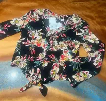 New Roxy Black Red Floral Blouse tie front size small long sleeve
