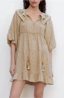 Zara NWT Beige Tan Peter Pan Embroidered Floral Collar Mini Dress New Medium