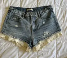 Free People Blue and Cream Jean Shorts with Lace Trim