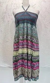 Smocked Boho Mixed Print Sundress Wear 3 Ways Halter Strapless or Maxi Skirt