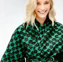 La Vie Style House Green Jacquard Ostrich Feather Kimono Wrap Trench Mini Dress