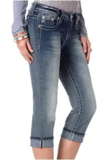Miss Me Women's Mid-Rise Cuffed Stretch Capri Jeans Blue Embellished Bling