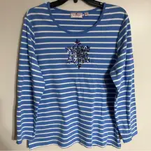 Quacker Factory Women Top Size Large Blue Blouse Striped Long Sleeve‎ Sequin