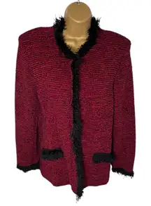 Vintage 90s Y2K Leslie Fay Boucle Jacket Fringe Trim Zip Front Red Black M