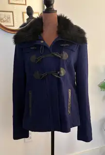 Express Womens Navy Blue Faux Fur Collar Toggle Wool  Pea Coat Jacket - M