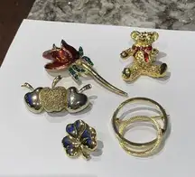 Lot Of 5 Vintage - Modern Brooches Pins Gold Tone Teddy Bear, Rose, Apples, Etc