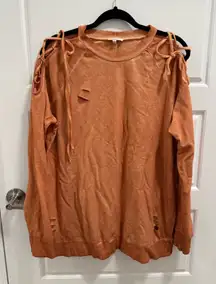 Easel Distressed Tie Shoulder Sweatshirt - Sienna