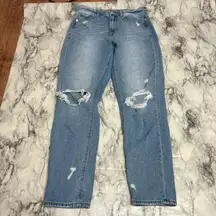 American Eagle Mom Jeans Blue Denim Distressed Ripped knees size 4 high rise