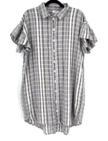 Umgee Women's Shirt Dress Button Up Mini Ruffled Sleeve‎ High Low Hem Tan Medium