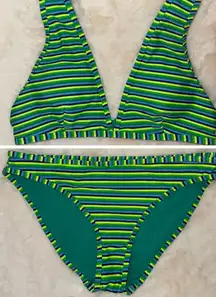 Aerie Striped Bikini SET Triangle Top L & Bikini Brief S Women’s Green & Blue