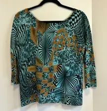 “JOSEPH A”. TURQUOISE AND BROWN TOP…LIGHT WEIGHT SWEATER…3/4 SLEEVE FUN PATTERN