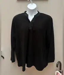 Denim & Co Black Fleece 2X Plain Long Sleeve V Neck