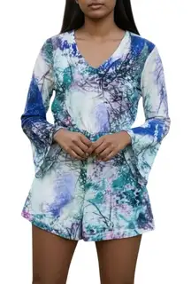 Etnafele White Floral Faux Wrap Romper Medium Bell Sleeve V-Neck