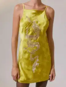 Urban Outfitters  Yellow Dragon Bird Song Satin Mini Dress NEW