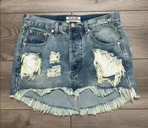 One Teaspoon Junk Yard Low‎ Rise Distressed Curved Hem Mini Jean Skirt Blue 25