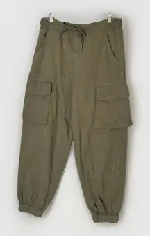 Pilcro Anthropologie Cargo Pants XS Olive Green Ditsy Embroidered Drawstring