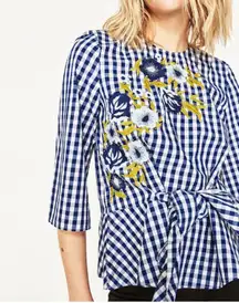 Zara Blue Gingham Floral Embroidered Tie Blouse