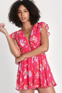 Lulus Size M Flirty Ways Hot Pink Floral‎ Flutter Sleeve Romper
