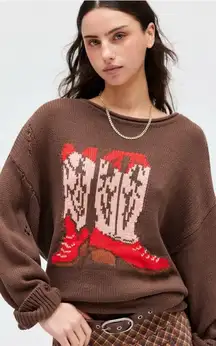 BDG Stella Cowboy Boot Graphic Distressed Oversized Pullover Sweater Brown Boots