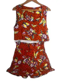 OPT Two Piece Linen Blend Set Top & Shorts Hawaiian Floral Polka Dot Print S/M*