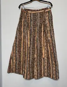 Vintage Boho Brown and Tan Floral Button Up Long Skirt with Pockets