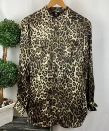 Worth Silk Black & Brown Leopard Animal Print Long Sleeve Button Up Blouse Top M