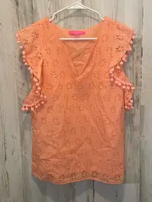 Lilly Pulitzer Palm Tree Eyelet Embroidered Ruffle Top -Coral size M