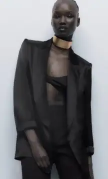 Zara Black Satin Open Rolled Cuff Front Blazer