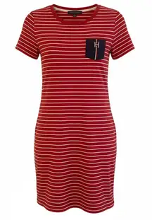 Tommy Hilfiger Women Sailaway T-Shirt Dress Med Red White Striped 100% Cotton