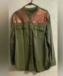 Anthropologie Army Green Cotton Blend Shirt Jacket with Copper Sequins; size 14