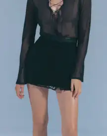 Zara LACE MINI High Waist Skirt Side Ruching Asymmetric Hem Faux Leather Waist