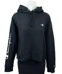 Champion Womens Black Cropped Distressed Long Sleeve Hooded Sweatshirt Sweater L