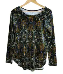 Karen Kane Velvet Paisley Print Long Sleeve Top Black Yellow Blue Womens S